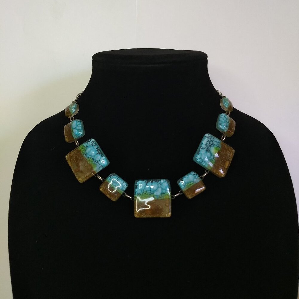 Square Blue Brown Art Glass Silver Tone Necklace Art to Wear Handmade OOAK